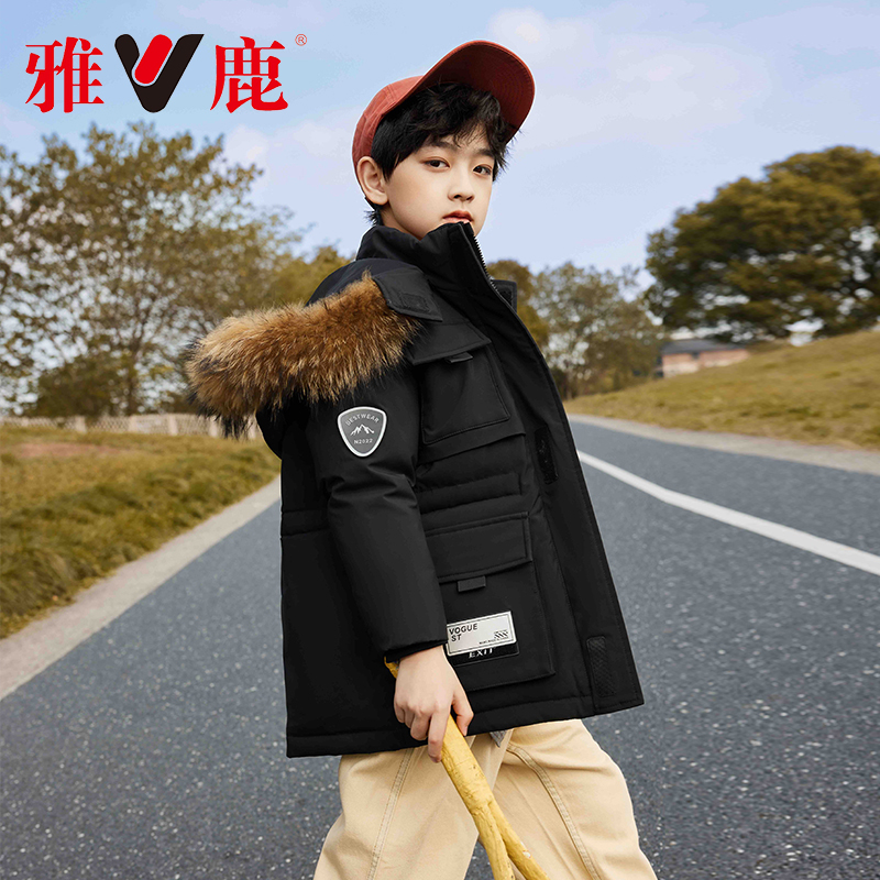 新款羽绒服带毛领男女童纯色男休闲风童装拉链工装中大童加厚