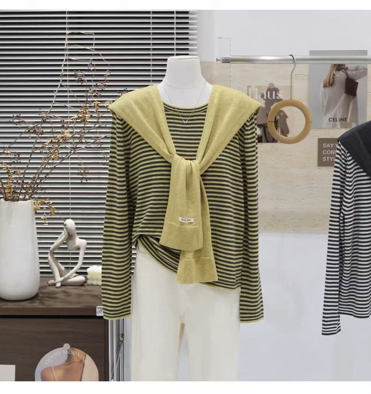 【星期天】秋季韩系减龄条纹打底衫+纯色披肩两件套长袖上衣x