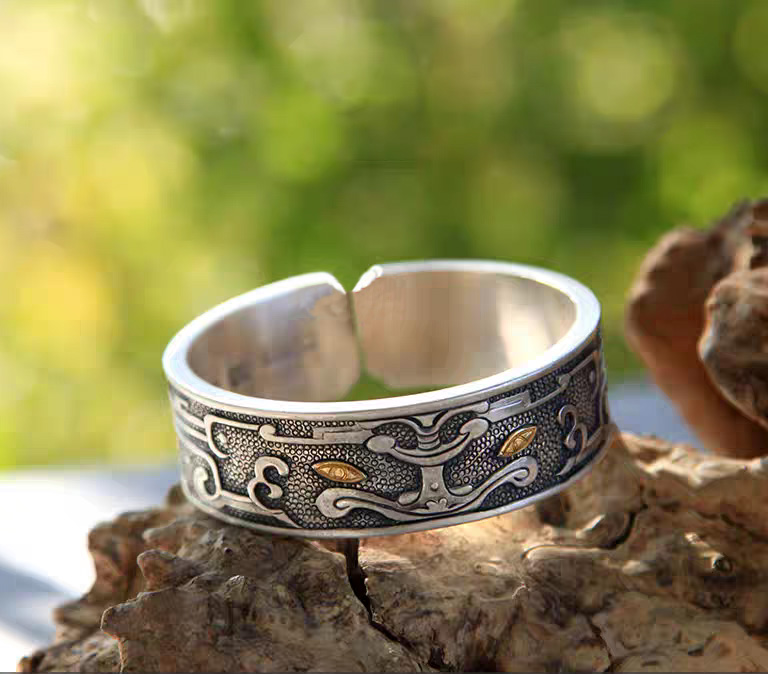 足银手镯 润土匠心饕餮纹999手工兽面纹个性男士银镯子宽平打手镯