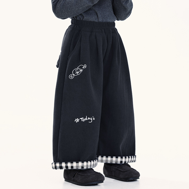 童装男童加绒裤子长裤冬装新款儿童撞色灯芯绒裤中小童加厚直筒裤