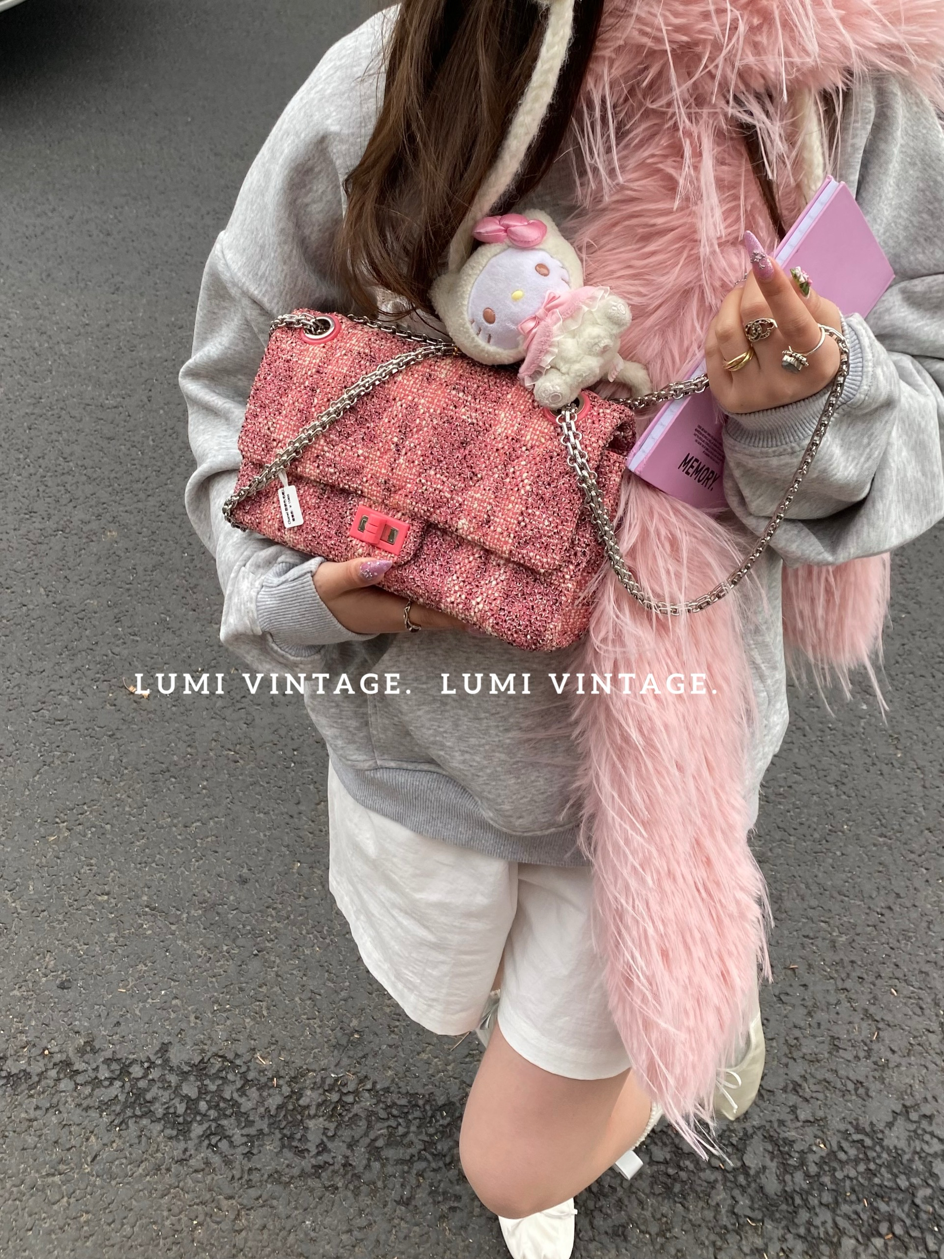 95新 Chanel/香奈儿 粉拼色毛呢2.55小号单肩包39315449