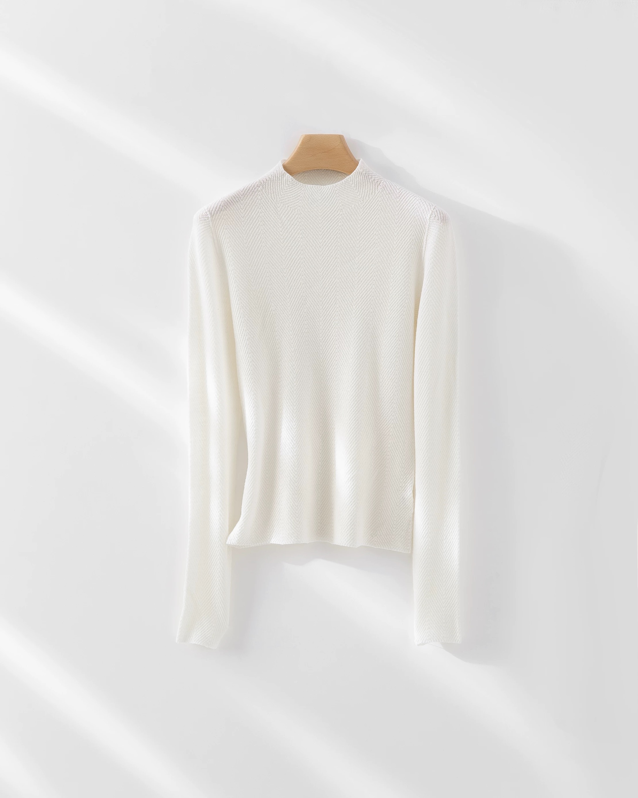  【可机洗60支精纺】长袖鱼骨纹精纺羊毛纯色打底衫显身材新澳纱线