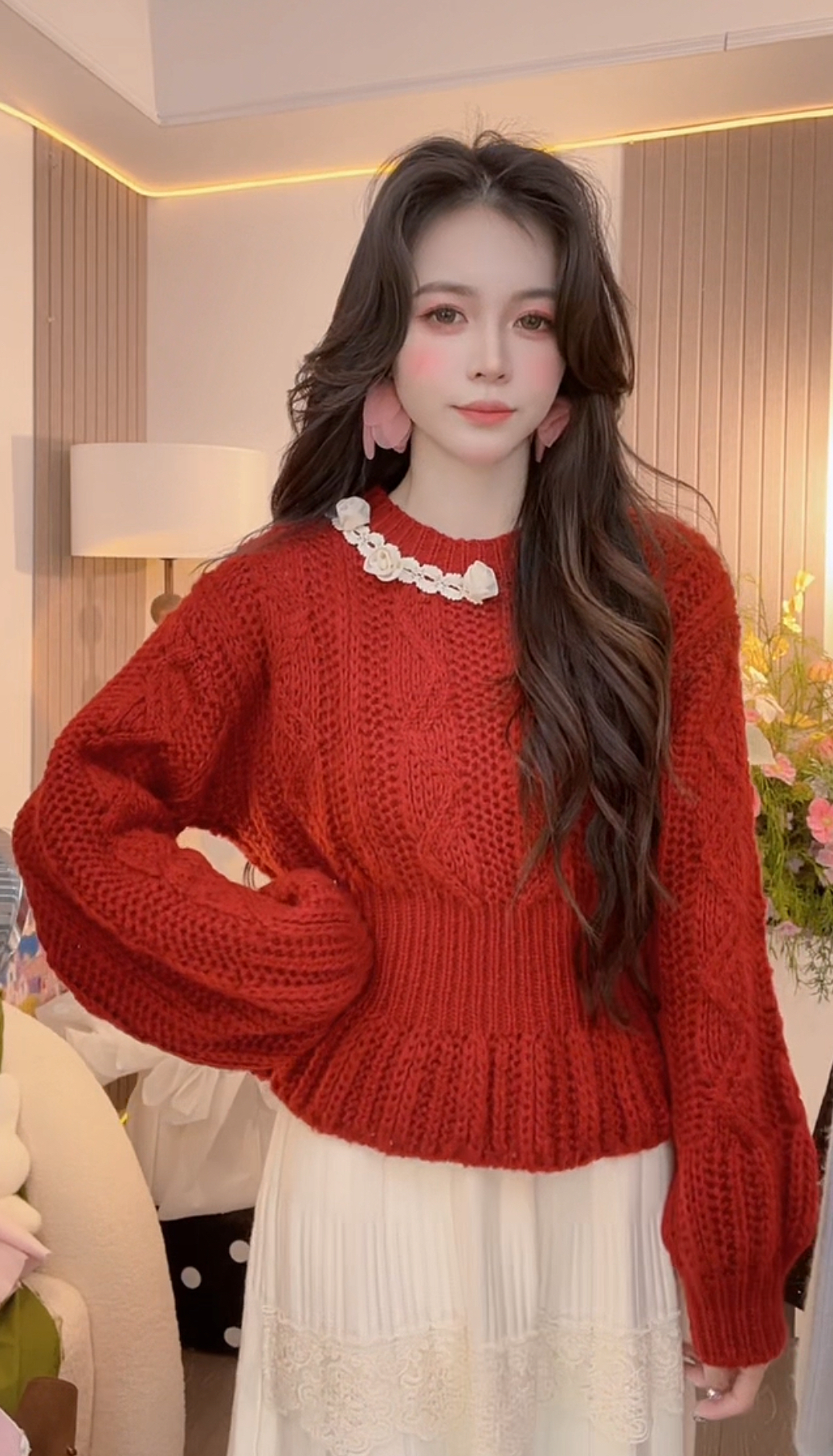 【韩系小花朵】毛针织衫蕾丝长袖时尚百搭小众秋冬套头韩版温柔