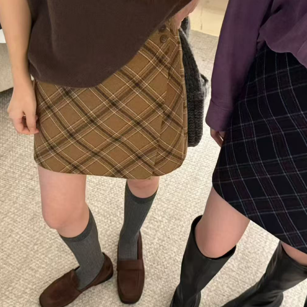 复古格纹高腰A字半身裙女秋冬款百搭减龄短裙