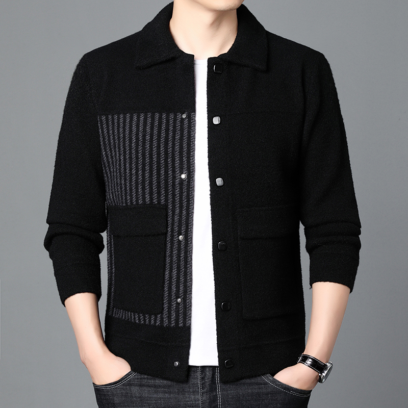 秋冬新款男士开衫加厚轻商务翻领单排纽扣不对称针织开衫外套9900
