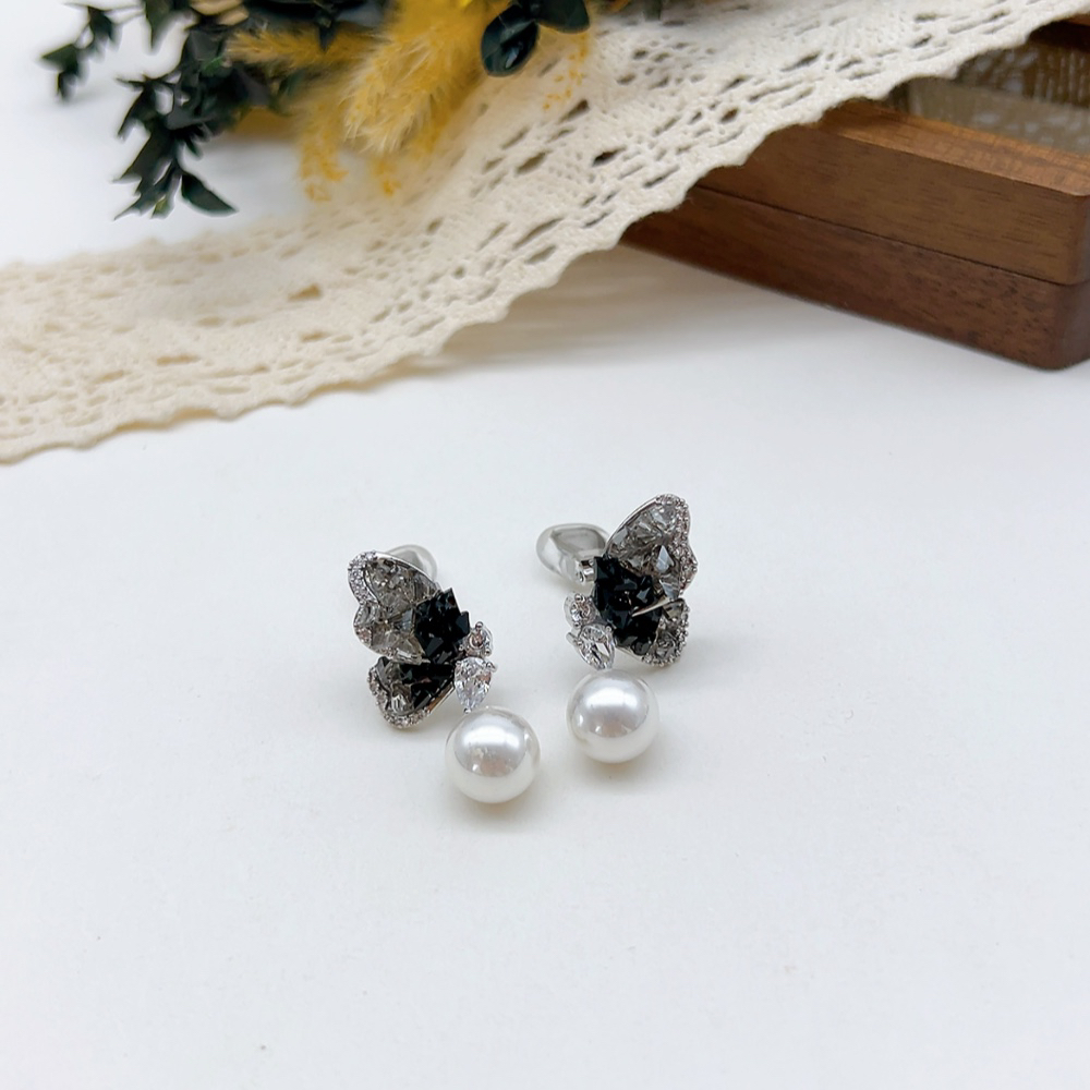 铜合金仿珍珠耳饰 耳夹 02857 好啊商店 灰水J蝴蝶耳夹