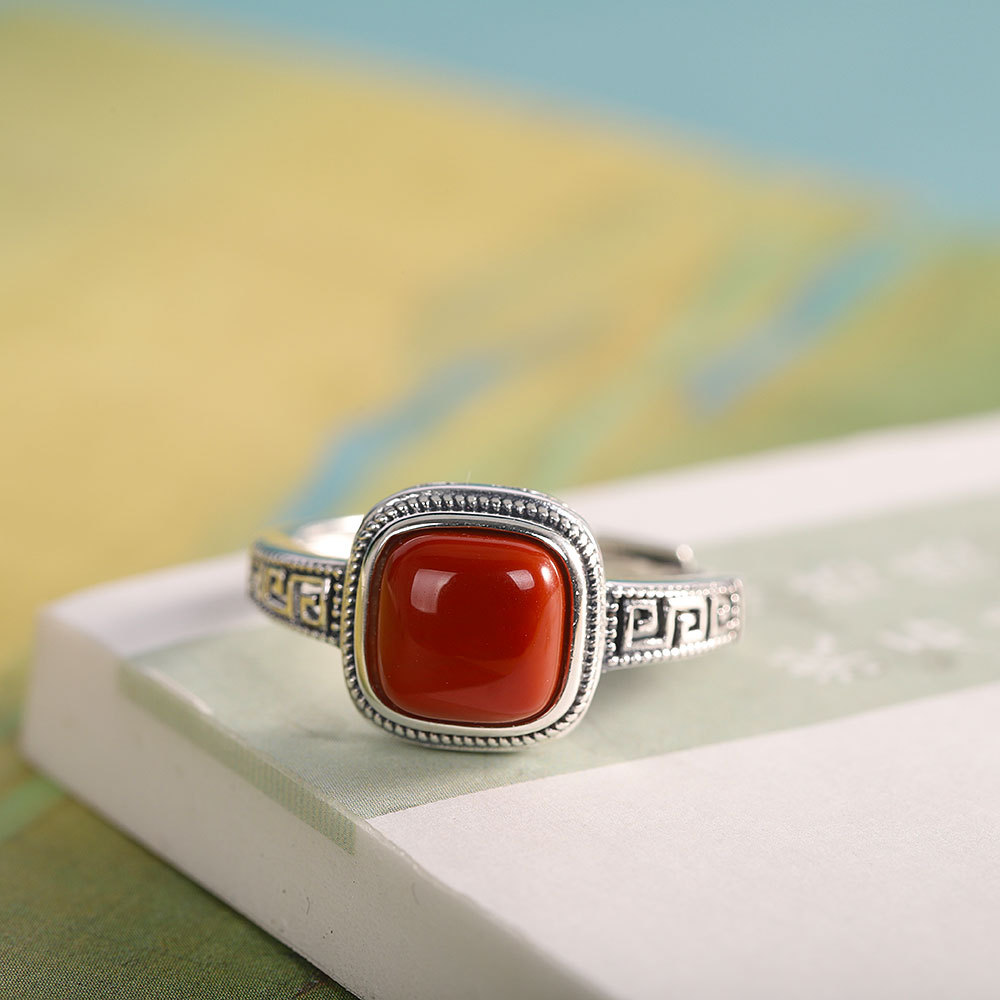 s925通体银镶南红玛瑙戒指开口祥云纹指环做旧新中式