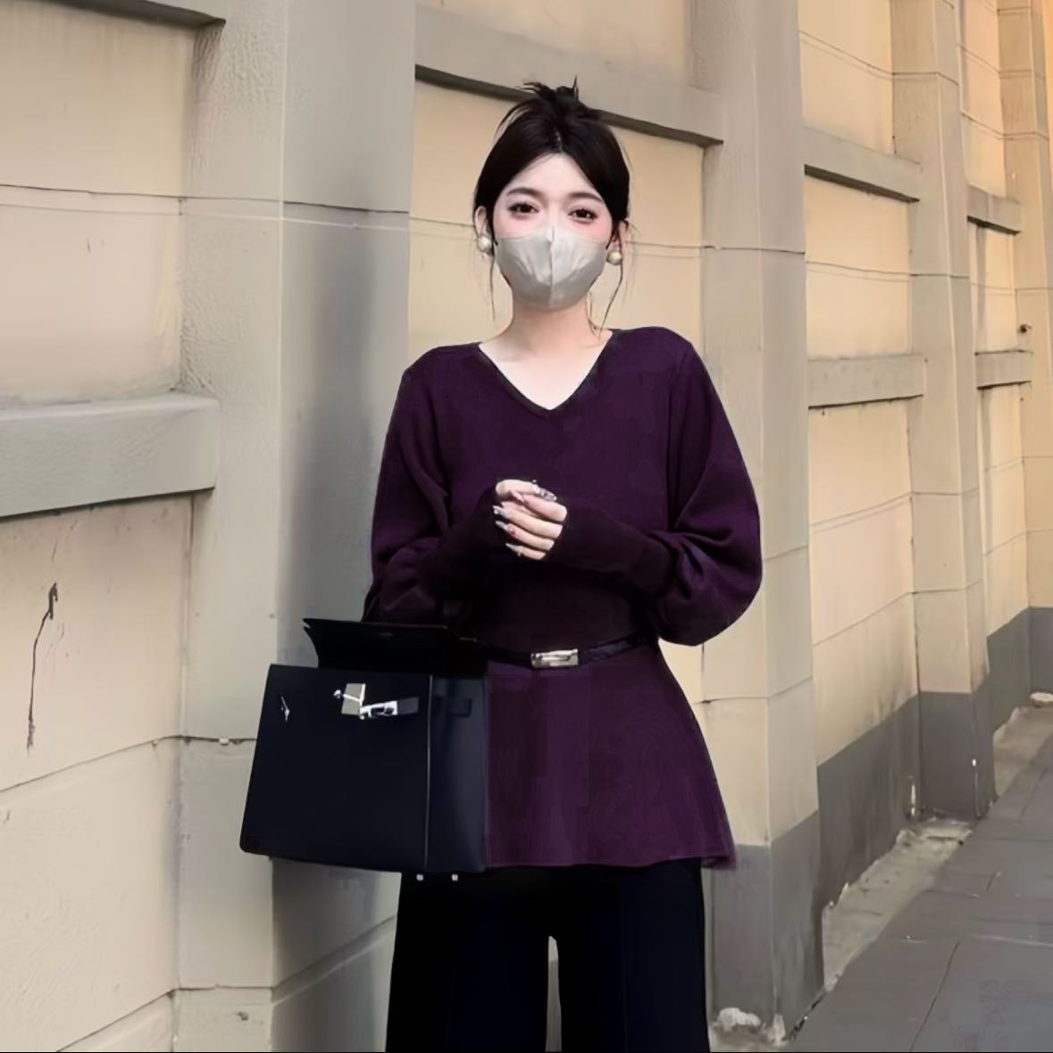【送腰带】法式V领灯笼袖针织衫秋冬显瘦气质百搭上衣1223#0.1qq