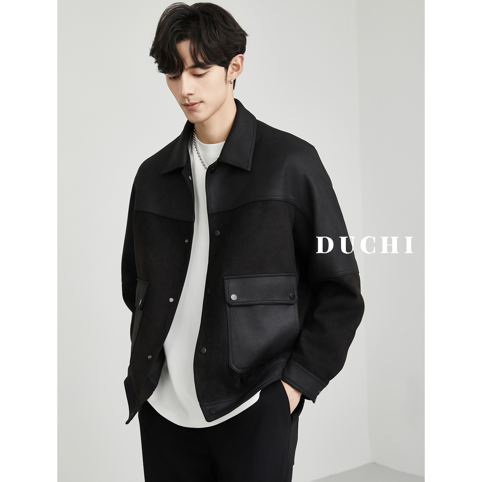 独驰DUCHI 高级pu拼接仿麂皮绒夹克外套男士翻领春秋新款韩版工装