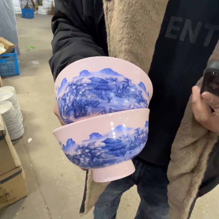 瓷片景德镇陶瓷红嘻嘻青花山河米饭碗2只
