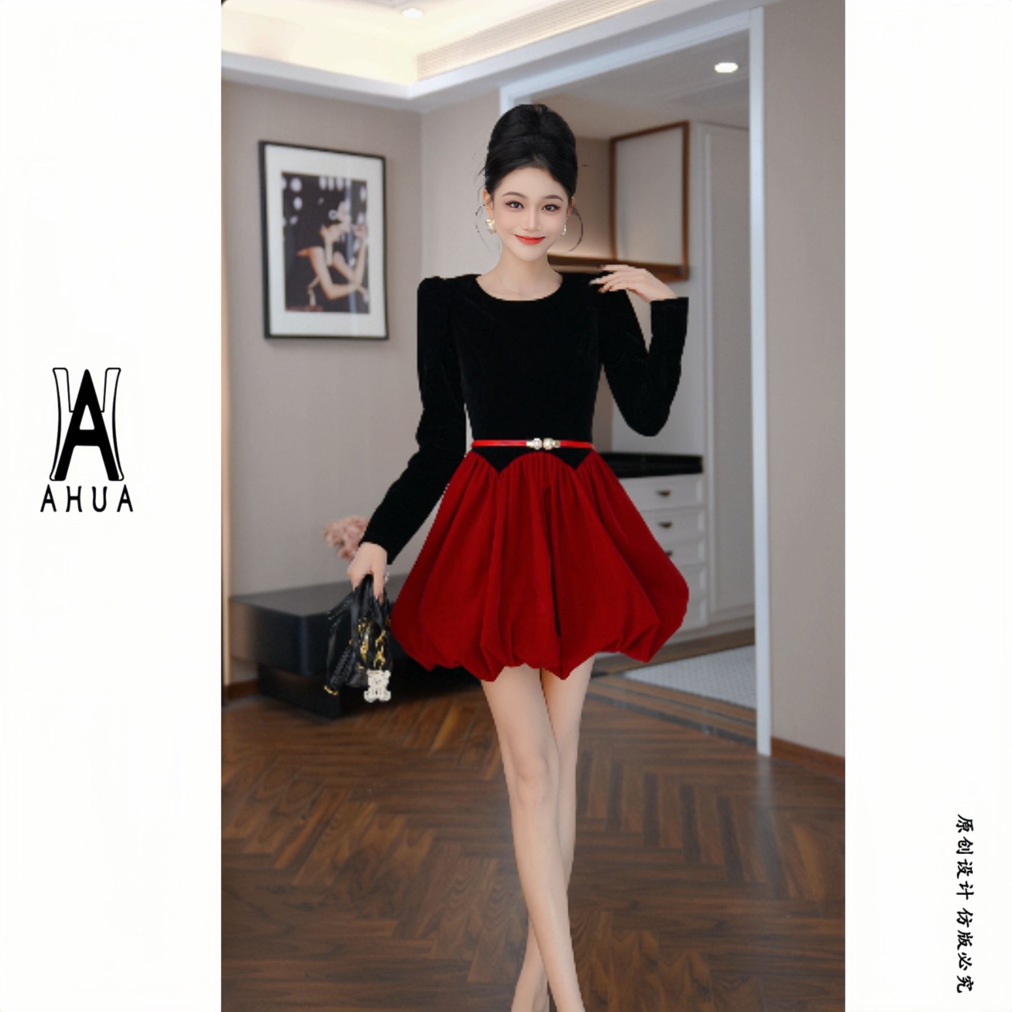 【花花原创】连衣裙女2025冬季腰带泡泡裙摆拼接长袖时尚21945