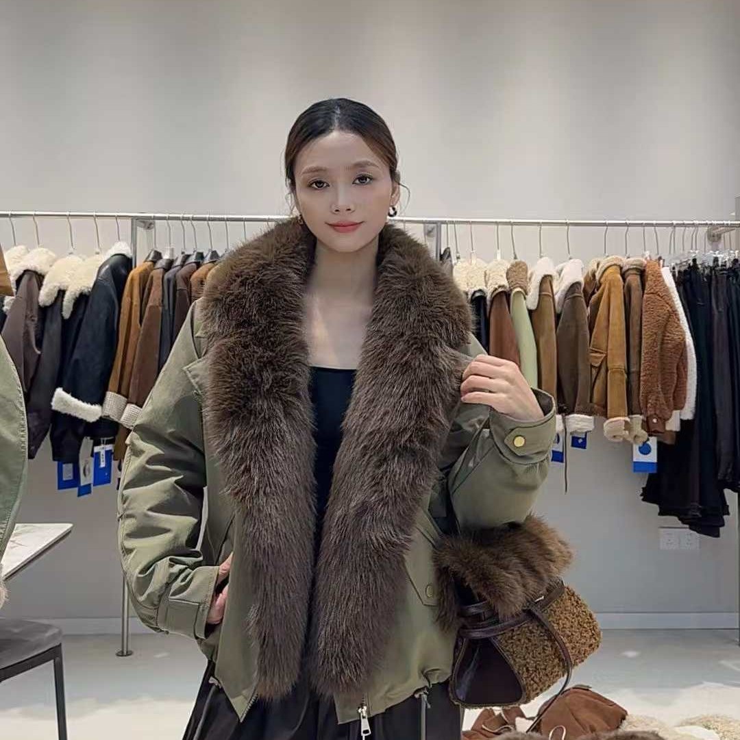 8097冬季新款毛领可拆卸加厚内胆工装派克棉服外套女休闲保暖