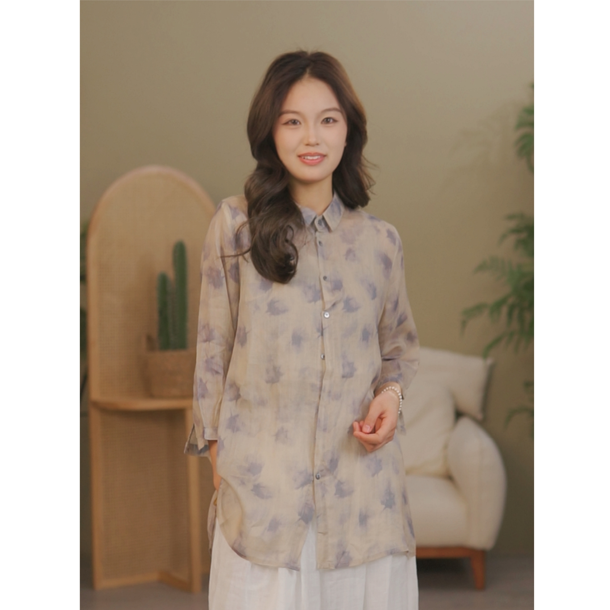 汉意麻丨高品质苎麻印花长款女装长袖春夏透气亲肤宽松文艺衬衫