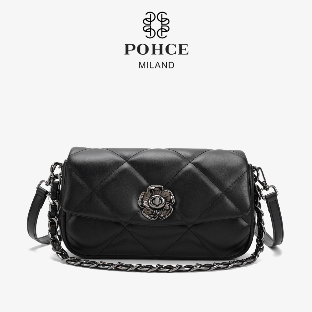 POHCE品牌正品 黑金港风气质单肩斜挎女士包纯色经典菱格25662-1