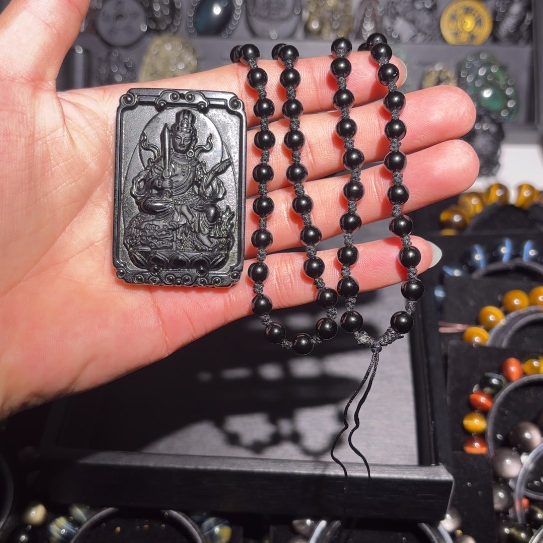 黑曜岩未镶嵌颈饰文殊菩萨生肖兔，加不可调节黑曜石珠链 假一赔十