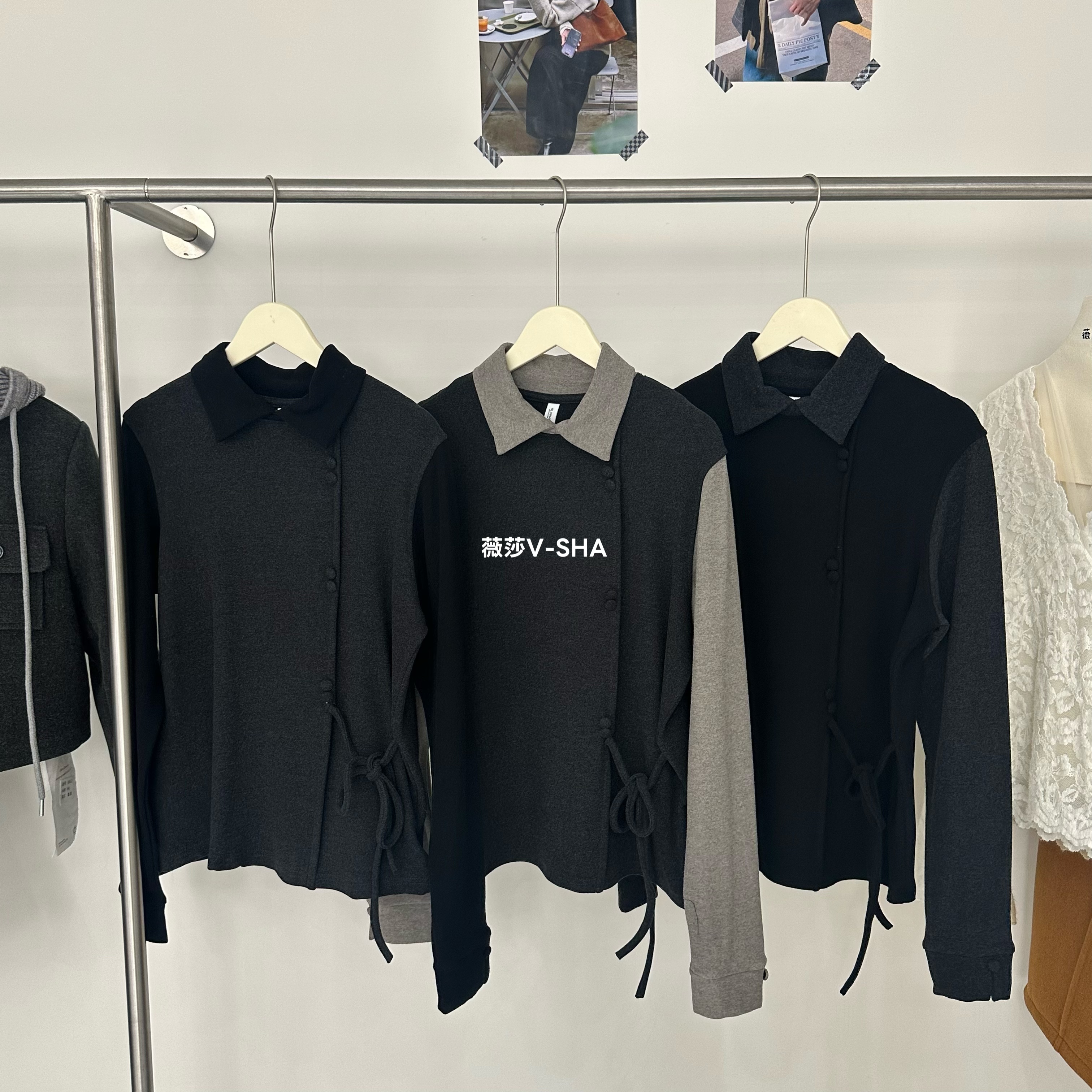 薇莎5591【现货】设计感撞色拼接德绒翻领长袖T恤百搭显瘦上衣长57