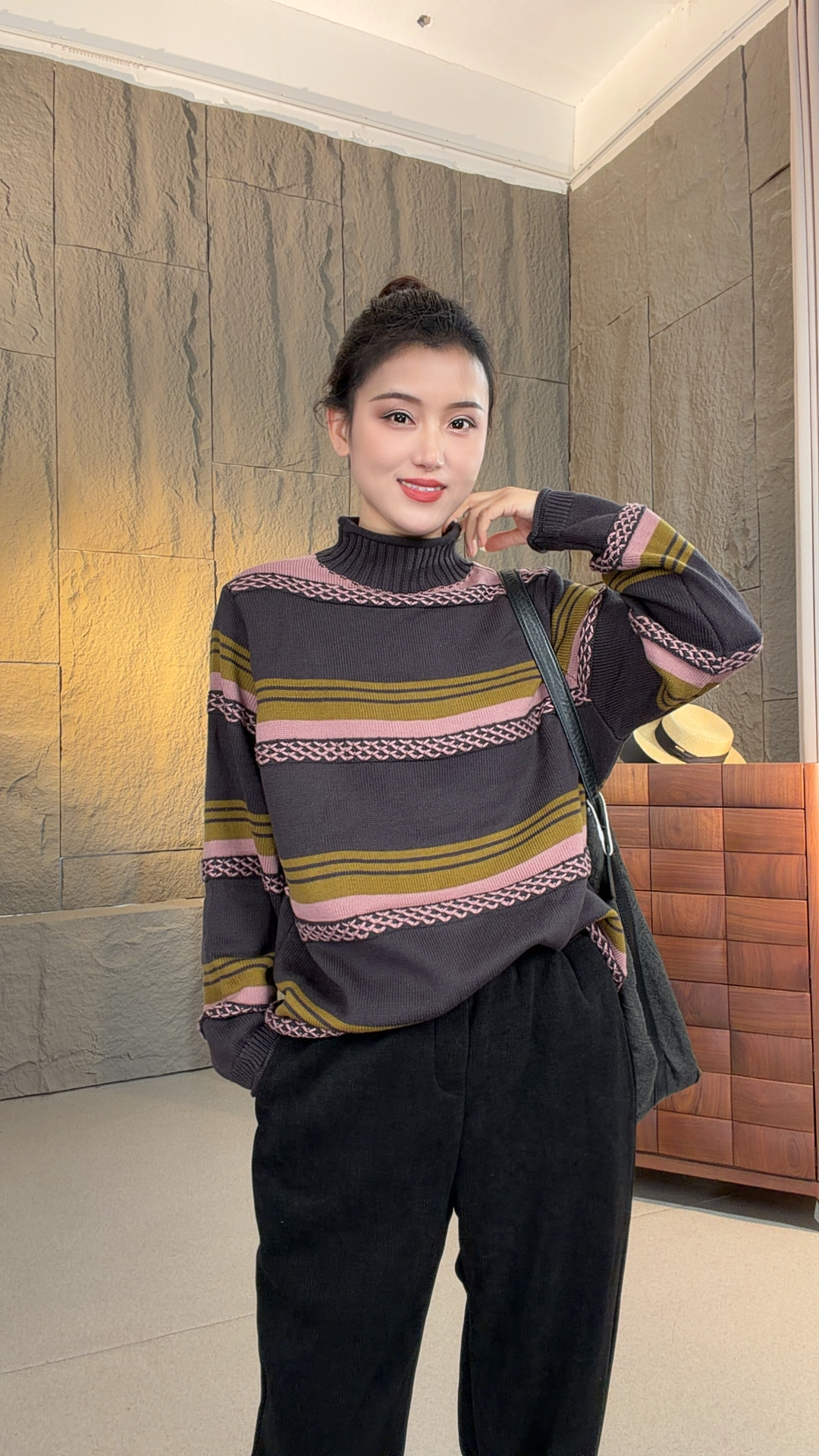 素格【3025】新款冬季复古慵懒风提花勾线半高领毛衣女