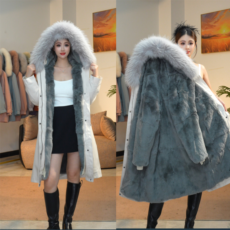 【长安雪】獭兔毛整皮整板全毛袖内胆一衣三穿貉子毛领女派克服【Q】