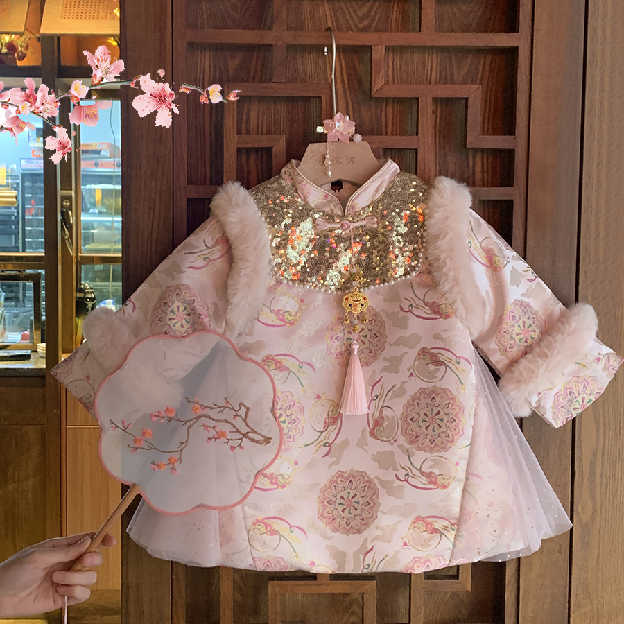 【现货】女童公主裙旗袍2025新款冬装夹棉拜年服小童女宝宝周岁礼服