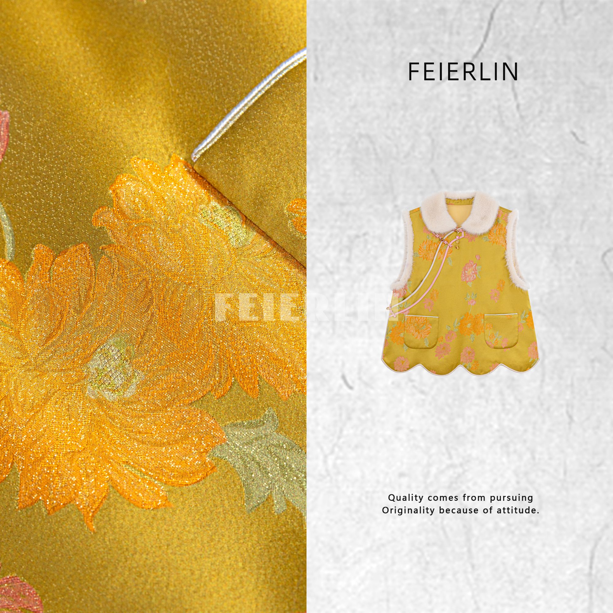 FEIERLIN- 深圳原创新中式国风女装桑蚕丝冬夹棉水貂毛马甲90255