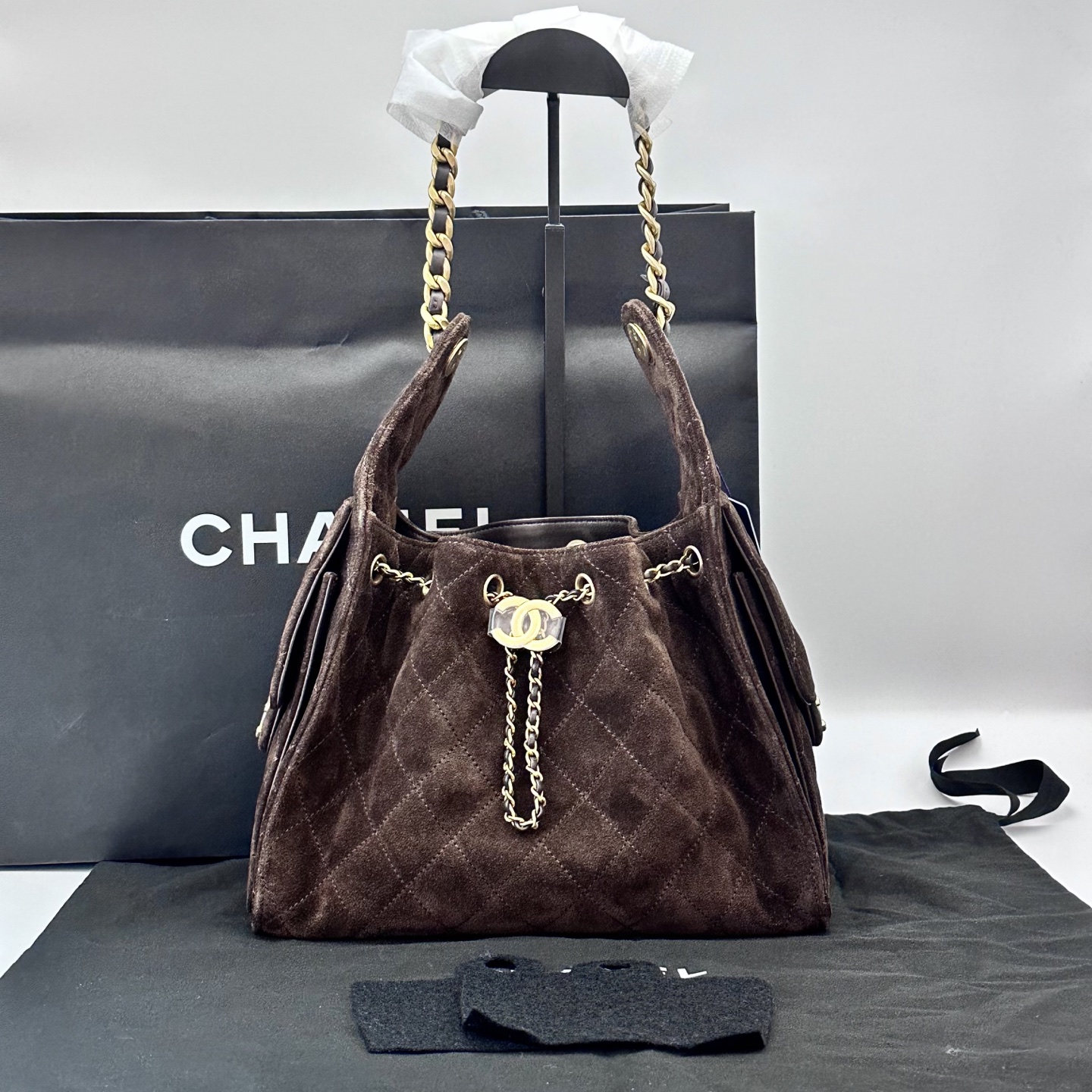 99新 Chanel/香奈儿 25bag棕色麂皮小号单肩包 21151