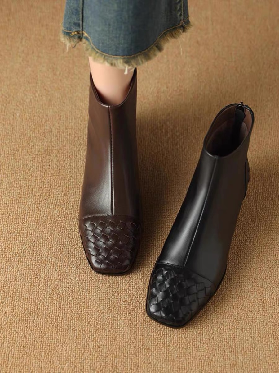 牛皮~3CM洋气编织短靴女2024新中粗跟真皮小香风CKW108-197
