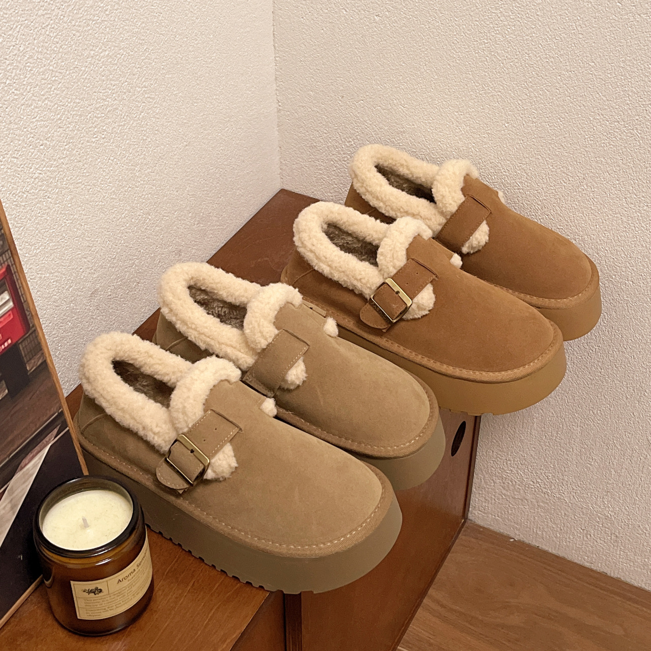 牛皮版~厚底加绒博肯鞋女2024秋冬新品保暖乐福棉鞋毛毛鞋雪地靴