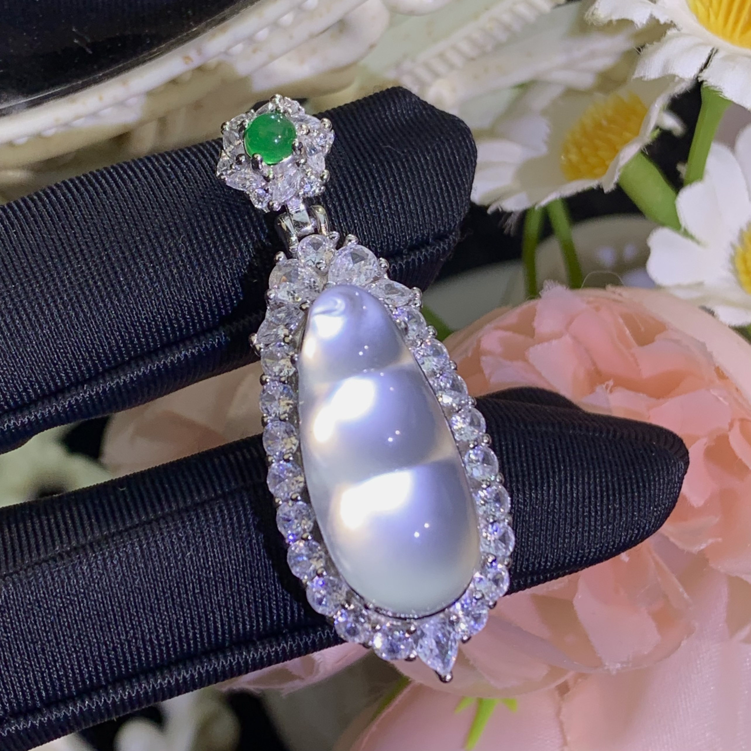 【豆蔻年华】天然石英质玉水沫s925银镶满钻精致气质款豆子吊坠中号