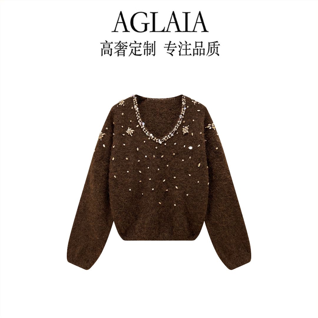 AGLAIA~重工镶钻V领长袖针织衫2025秋冬新款时尚百搭毛衣女6558