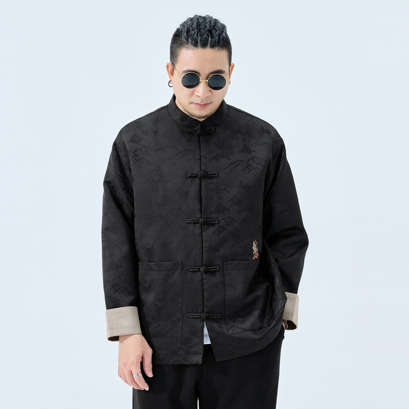 半墨大码男装春季复古中式立领唐装外套刺绣加肥加大男士上衣0219
