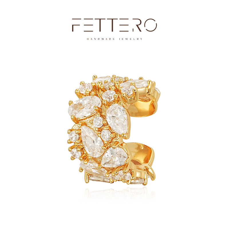 fettero 铜合金耳饰 【金色错落异形白锆耳夹】气质轻奢小众