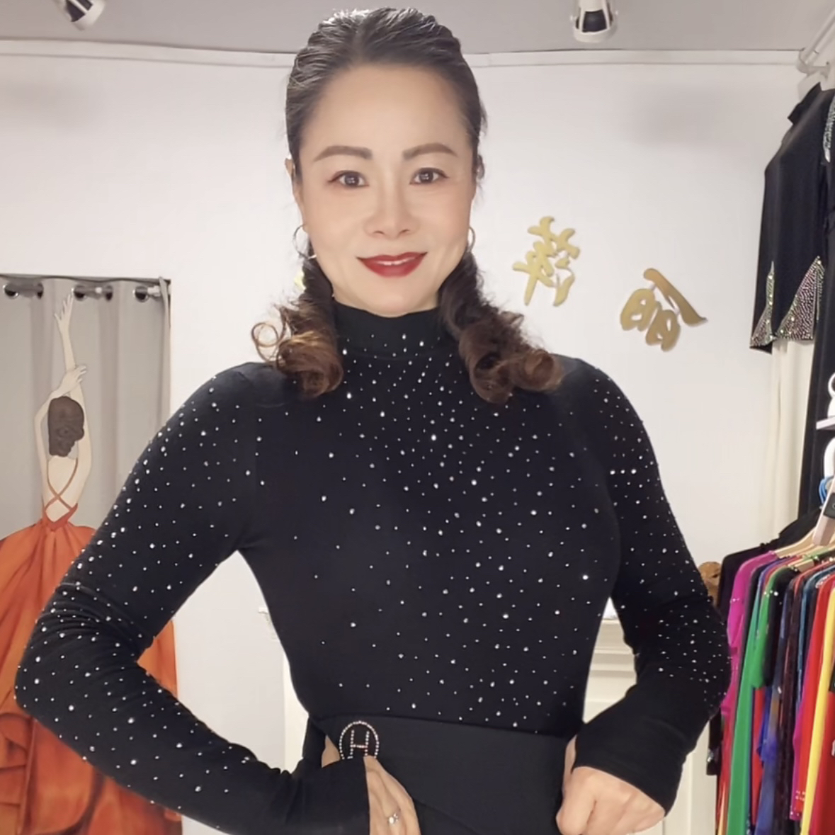 丽萍舞服秋季新款长袖天丝羊毛连裆矿灰蓝钻软糯跳舞上衣