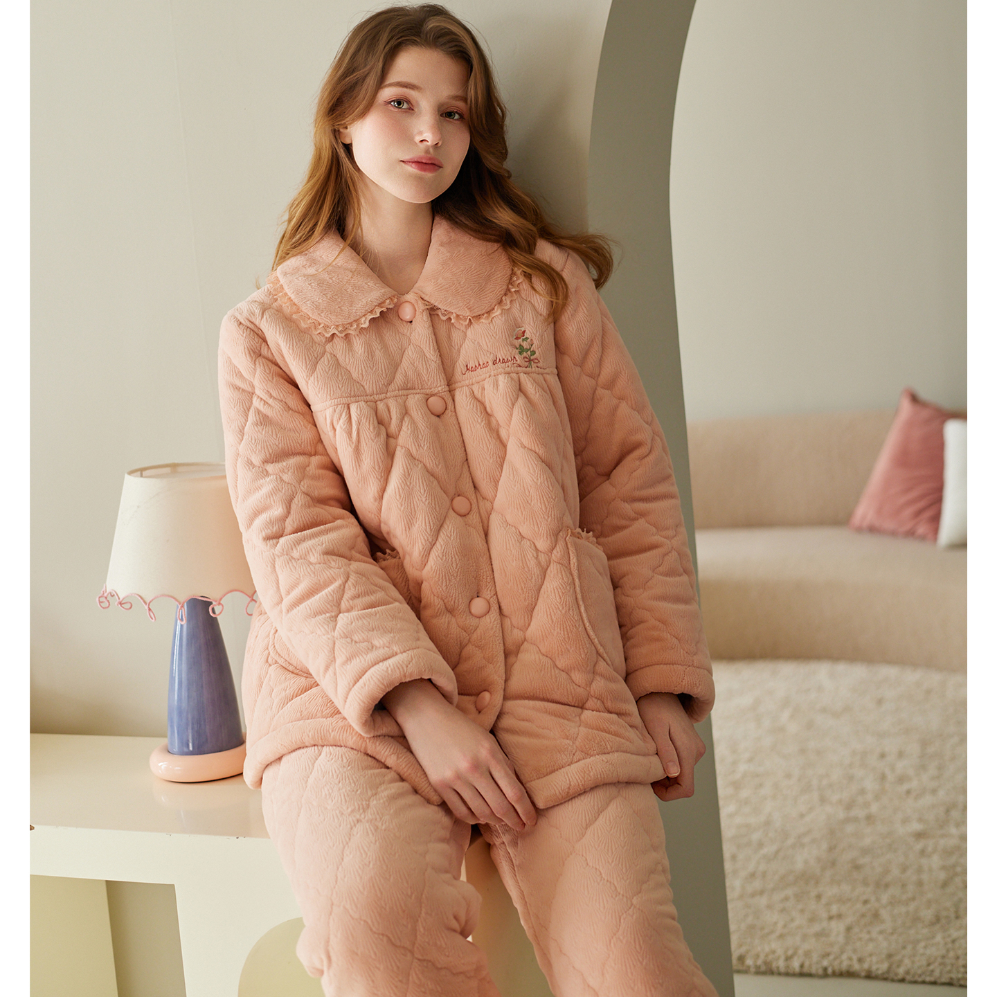 芬腾女士睡衣冬季珊瑚绒套装女款三层加厚夹棉抗静电加大码家居服