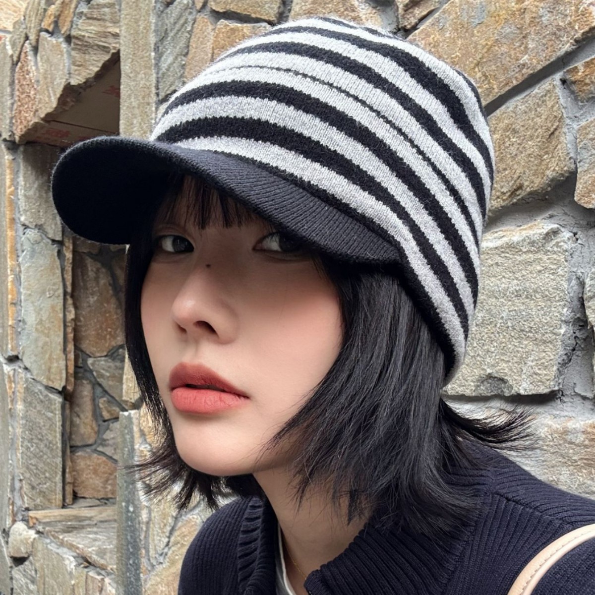 帽子针织时尚百搭秋冬条纹女士遮阳保暖休闲2025秋冬季新款条纹针