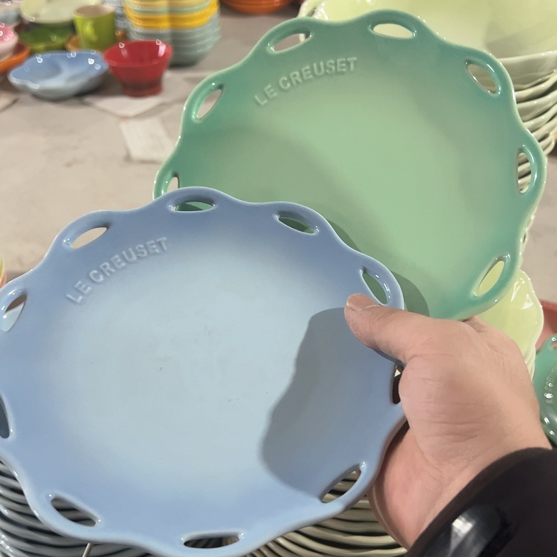 陶瓷 微 镂空花边盘 天蓝 青