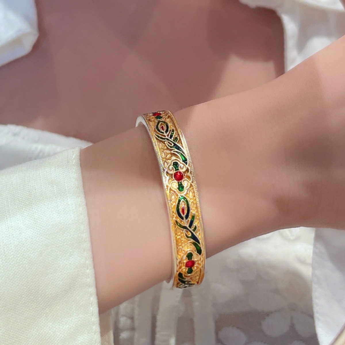 珐琅彩心经描金凤翎手镯高级感设计手饰女