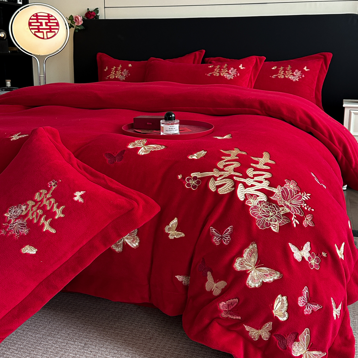 水星高端适用家纺冬季加厚牛奶绒四件套喜庆红色珊瑚绒新婚陪嫁新