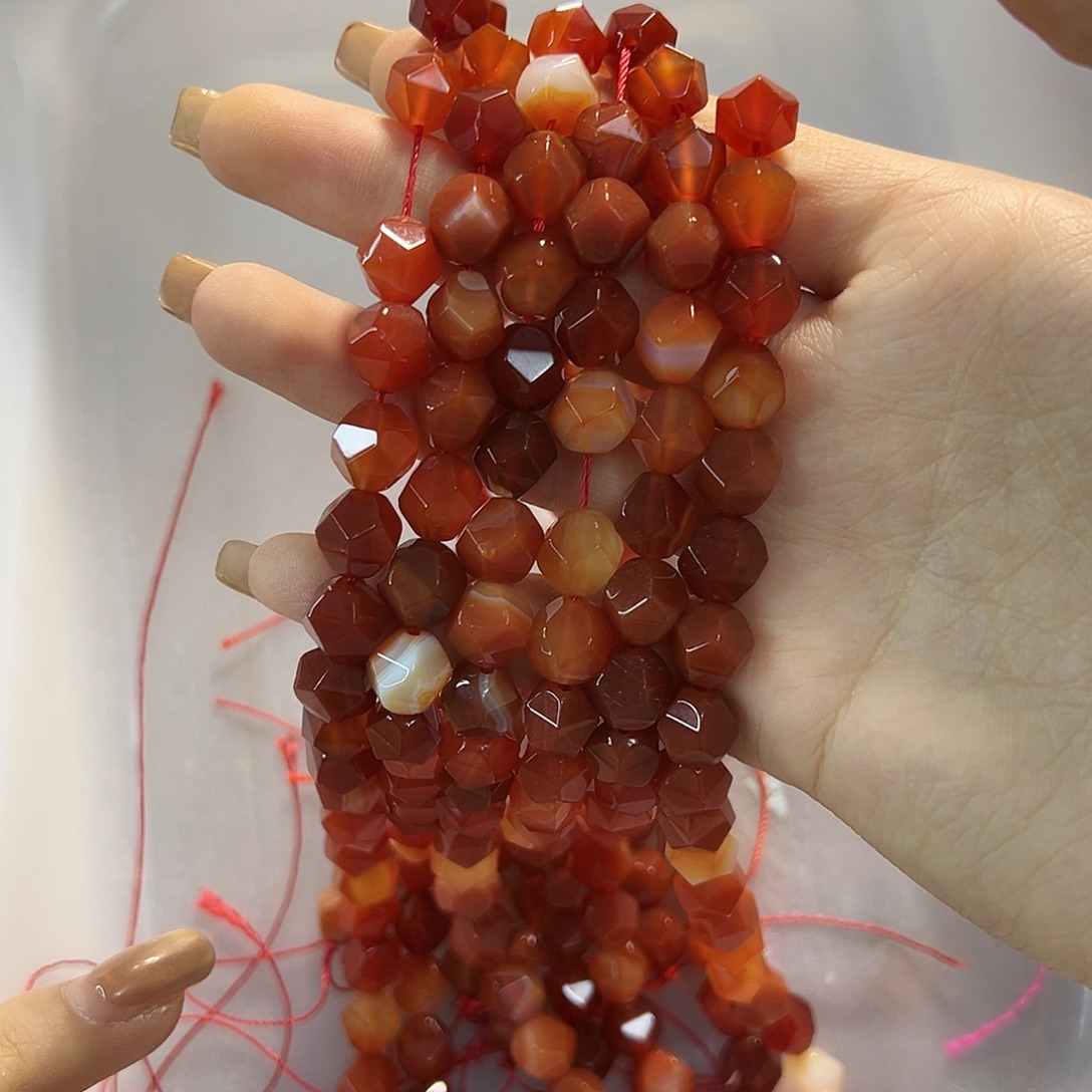 玛瑙/玉髓合金珠宝半成品柿子红玛瑙卡10一条八菱切