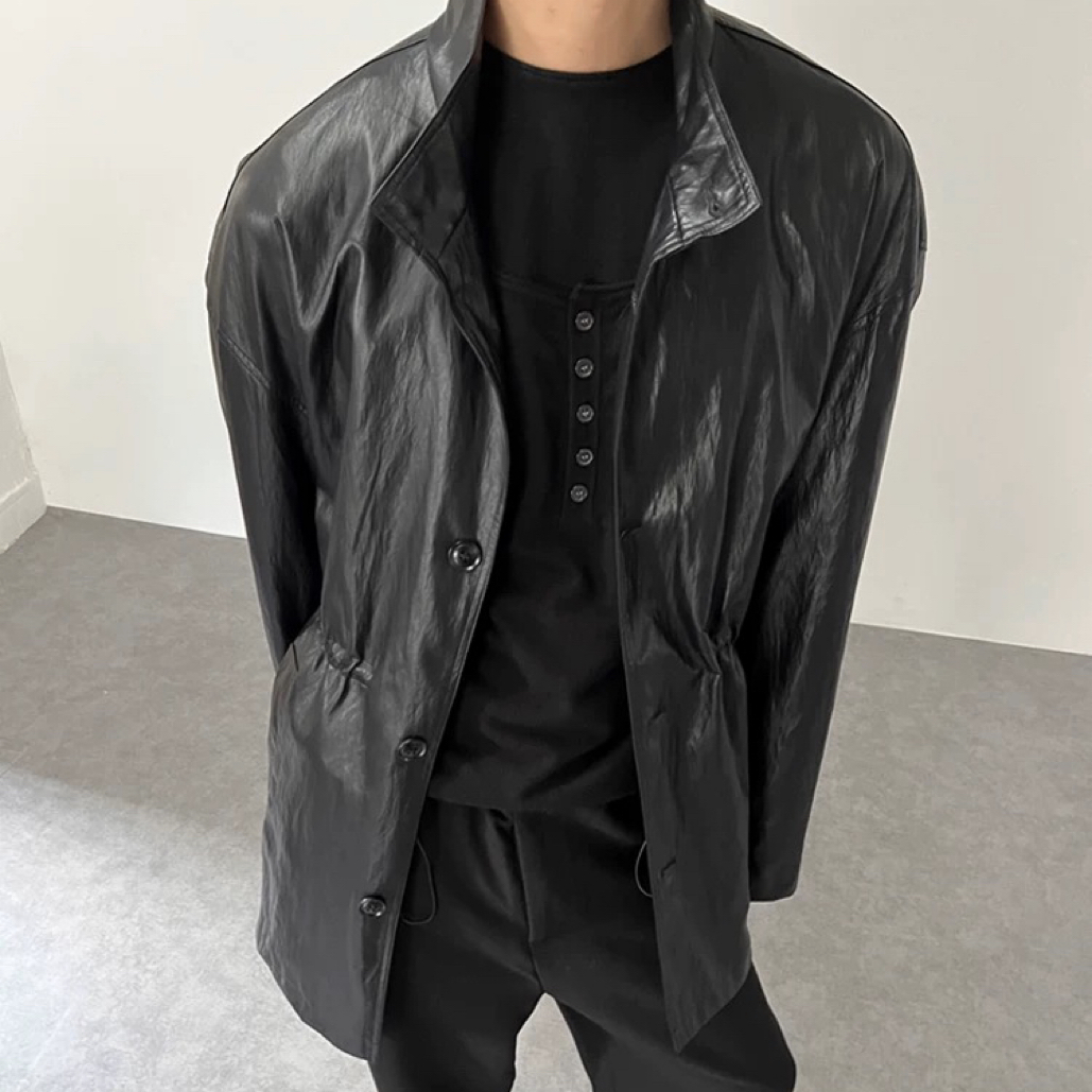 抽绳设计环保皮半高领简约百搭薄皮衣