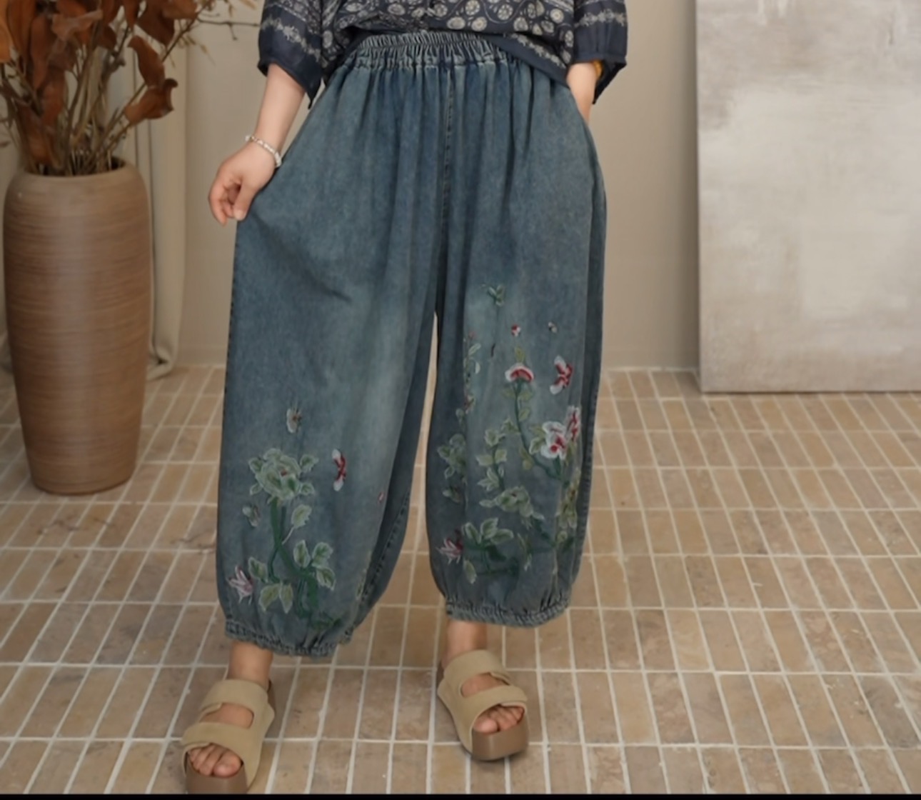 复古薄款刺绣牛仔灯笼裤宽松大码舒适百搭洋气九分裤女