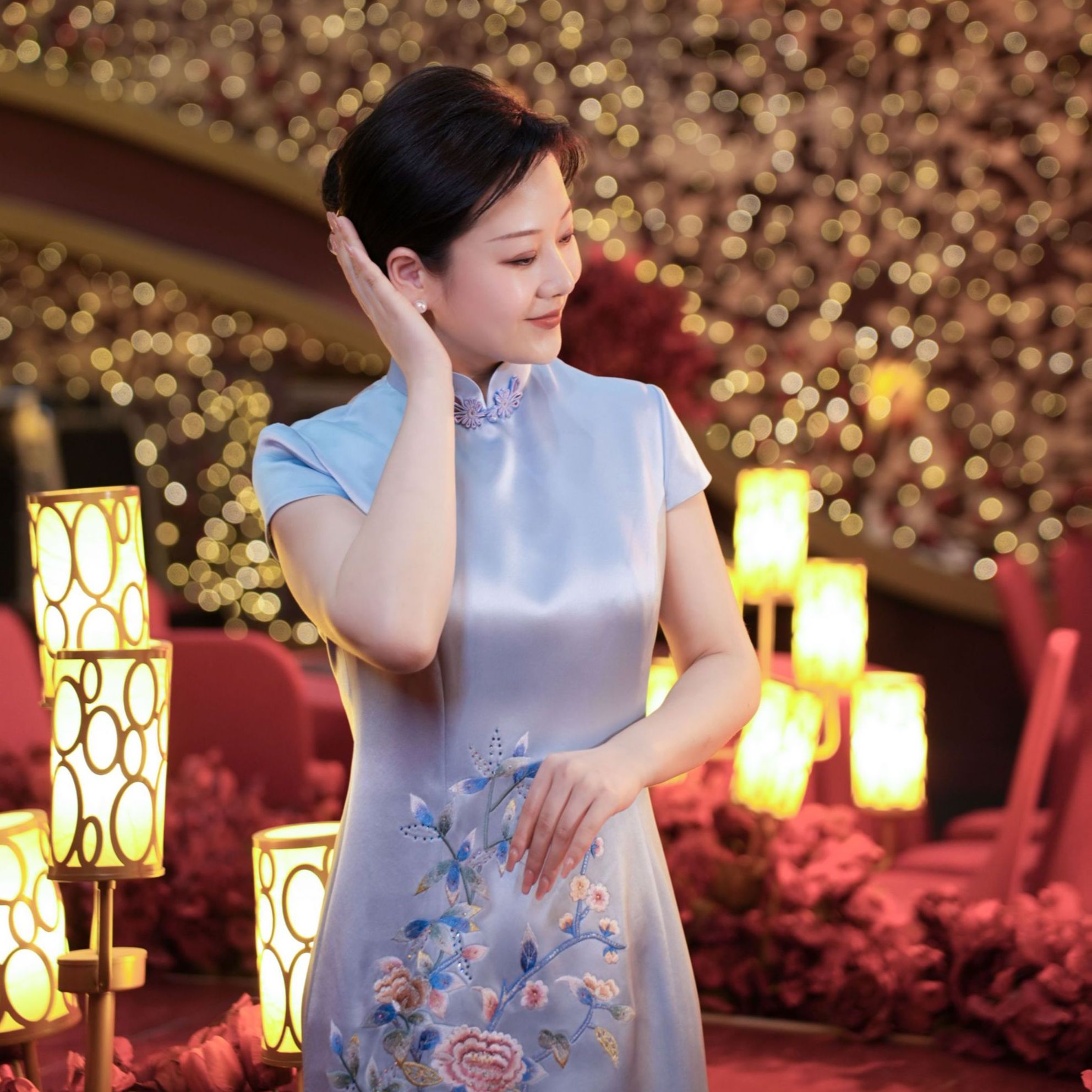 今生缘喜妈妈【兰薰桂馥】夏季新中式气质显瘦短袖旗袍婚礼淡雅蓝