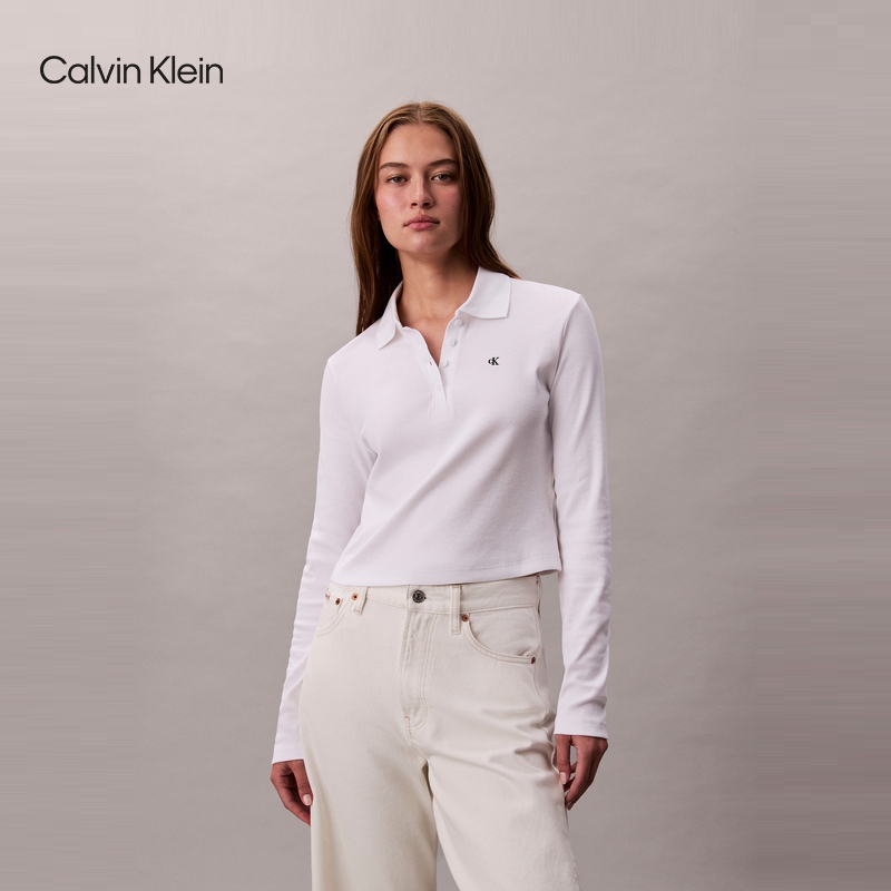 CK Jeans25秋季新款女士休闲通勤刺绣罗纹弹力长袖POLO衫47D288G