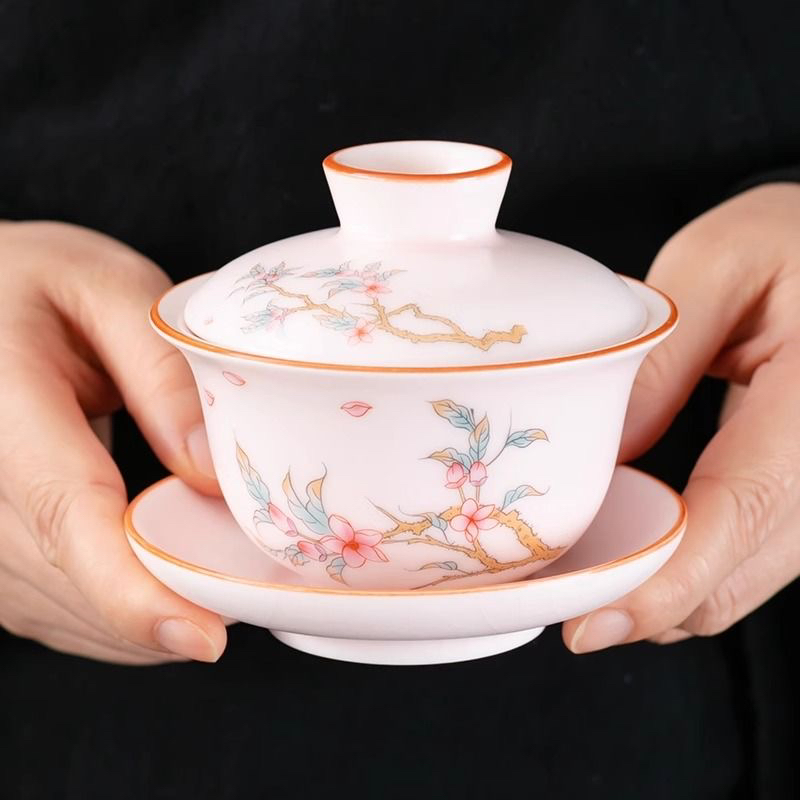 粉汝桃花三才盖碗陶瓷茶具家用泡茶碗高档送礼自用-E650