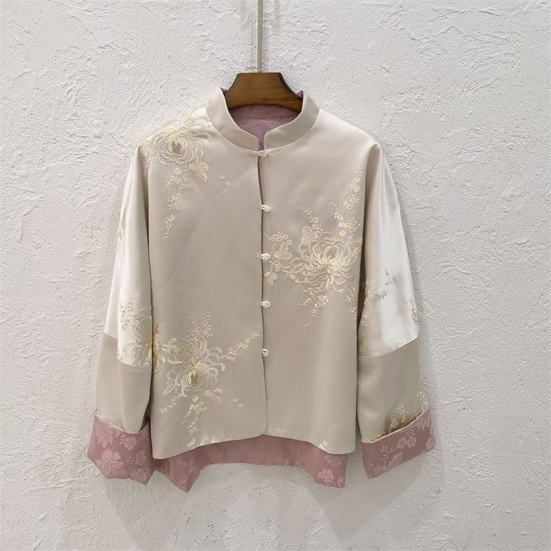 新中式国风刺绣缎面立领外套女2024复古气质禅意薄款上衣宽松7751