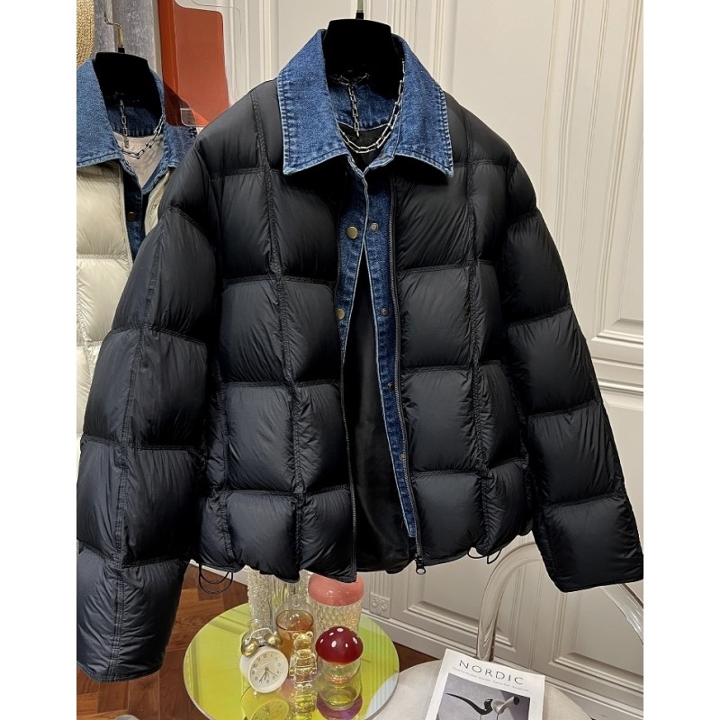 04025牛仔拼接领子简约棉衣棉服外套女冬季假两件加厚保暖面包服