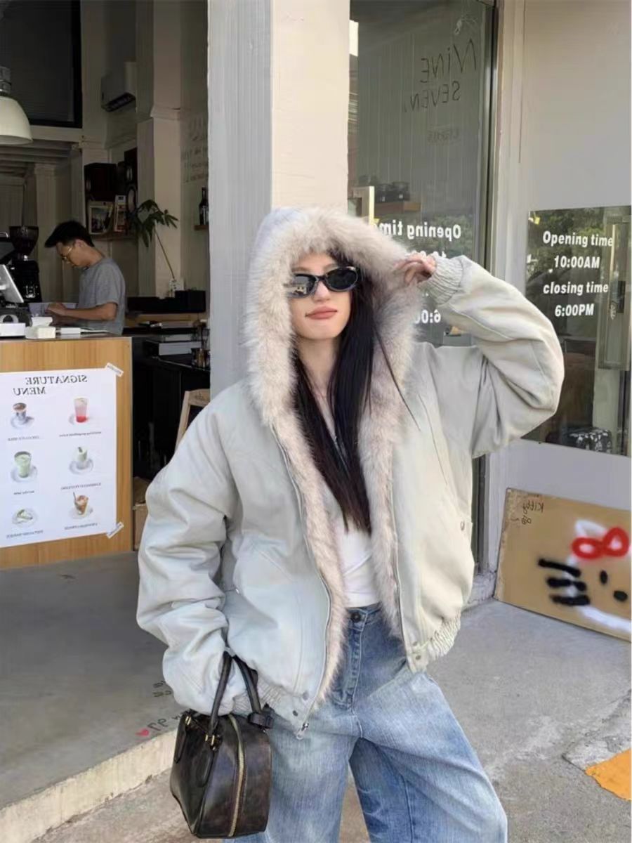 三三(座山雕毛领)♥连帽棉服男女冬季新款短款派克棉服