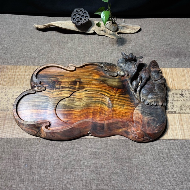 大红酸枝实木手工茶盘高端家用雕刻喝过莲子款茶盘，尺寸55*36