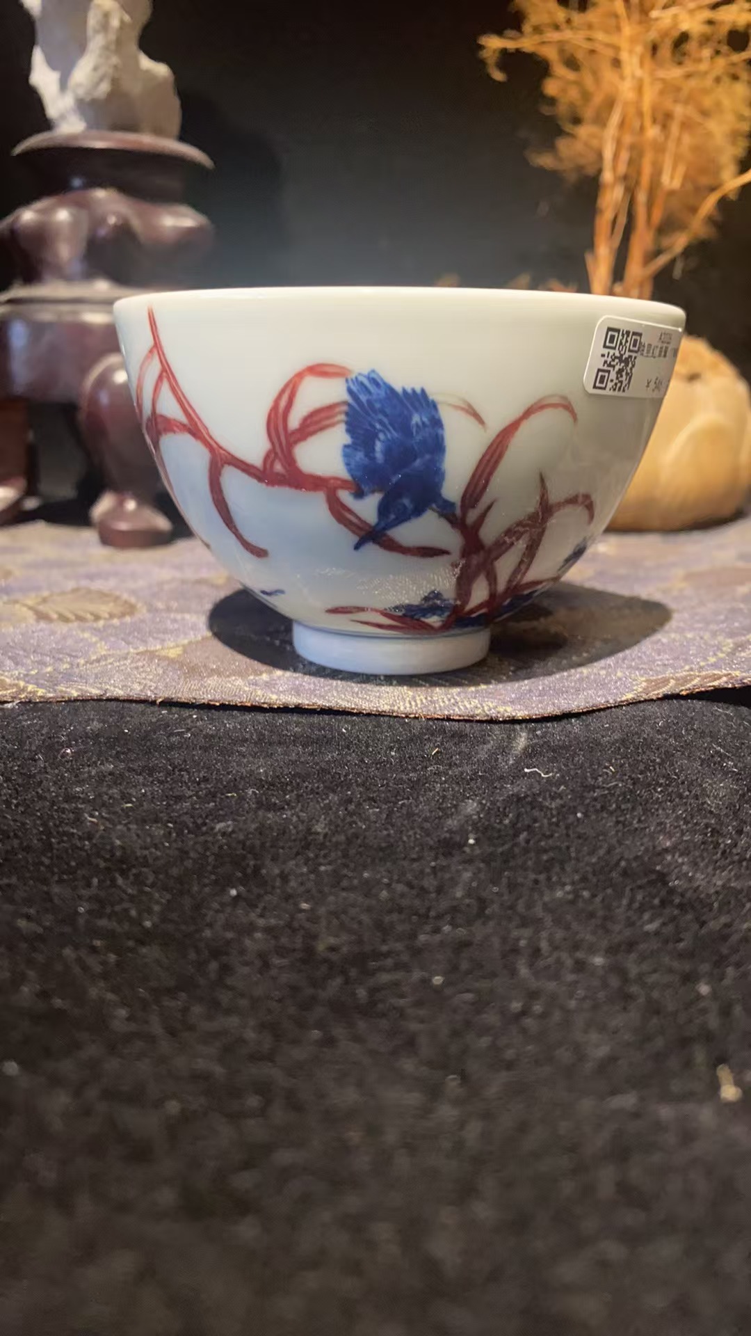 景德镇昱器釉里红单翠鸡心杯微瑕