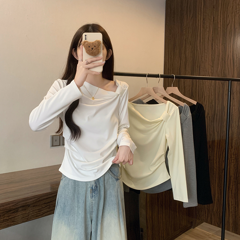 Z胖MM大码显瘦T恤秋冬新款磨毛薄款设计感收腰褶皱百搭长袖打底衫