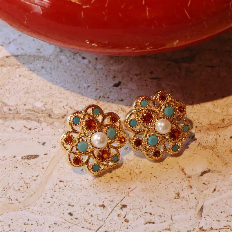 黄铜锆石耳饰 铜合金锆石耳饰 复古风合成锆石几何耳钉甜美气质